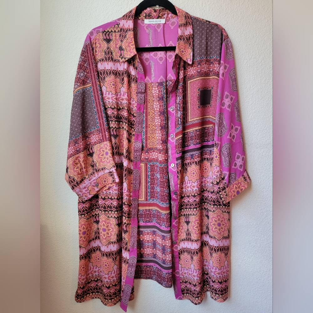 Rose & Olive Pink and Brown Patchwork Button-Front Tunic